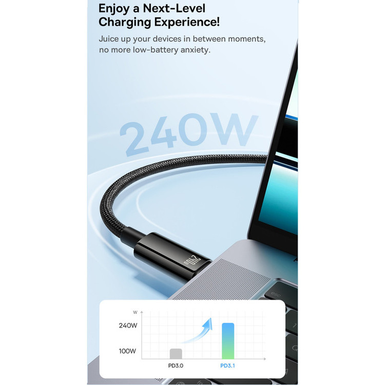 کابل شارژ TYPE-C به TYPE-C باسئوس ( baseus) فست شارژ مدلTUNGSTEN GOLD 240W باگارانتی 24 ماهه آونگ