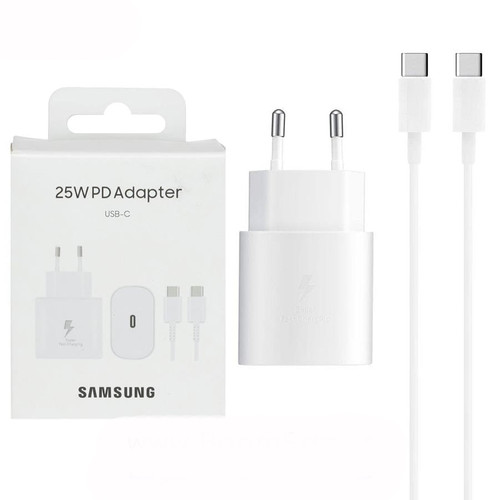 شارژر گوشی 25 وات سامسونگ با کابل دو سر Type C سفید اورجینال صد در صد ( گارانتی 6 ماهه پاریان پایا)