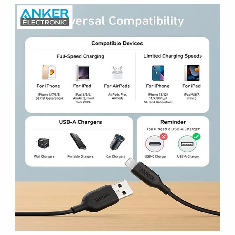 کابل شارژ USB به لایتنینگ انکر (Anker) مدل A8432